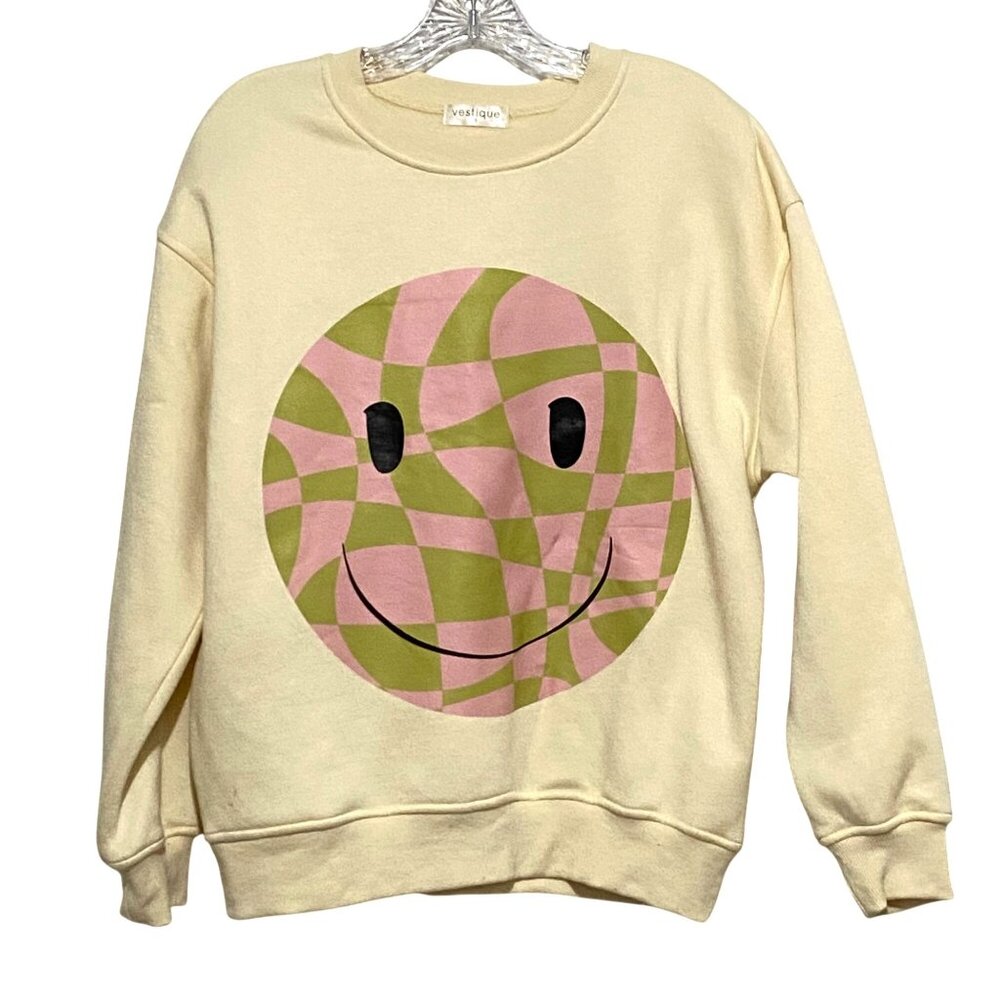 Vestique Smiling Face Sweatshirt Womens S Eggshell Retro‎ Boho Hippie Happy